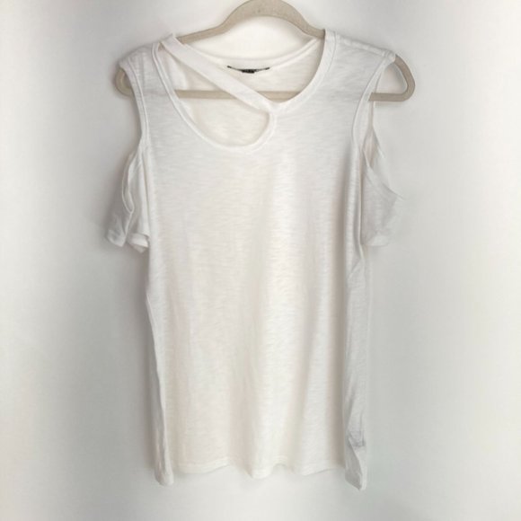 Boston Proper White Cold Shoulder Short Sleeve Cut Out Tee Shirt M - Picture 2 of 7